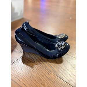 Tory Burch Caroline Black Patent Leather Wedge Women's Heels Shoes Size 9
